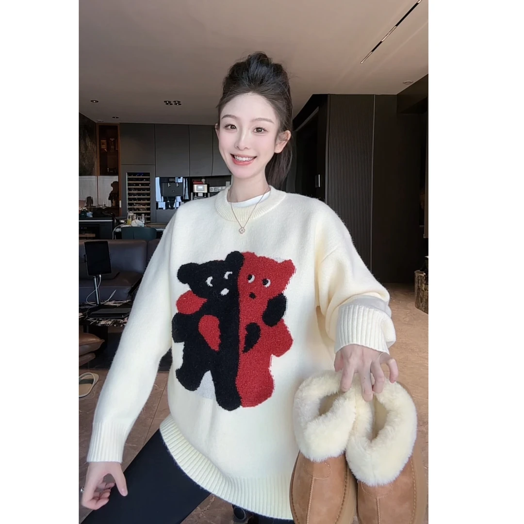 FAND品牌【SP趣味小熊】秋冬情侣装加厚保暖小熊宽松圆领毛衣针织衫