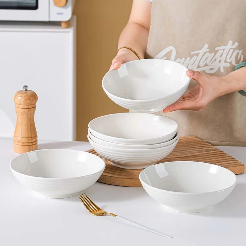 跃立纯白7英寸螺纹深盘2/4个装家用加厚高颜值盘陶瓷餐具菜盘子