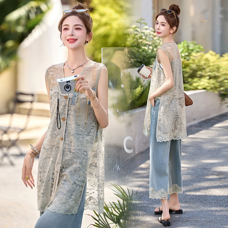 2025夏季女装新款气质休闲百搭蕾丝拼接两件套牛仔阔腿裤套装女潮