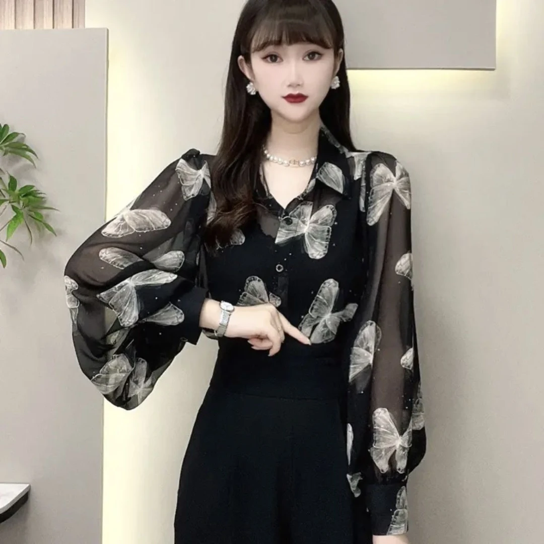 2025夏季新款百搭洋气时尚气质显瘦蝴蝶印花减龄防晒上衣衬衫