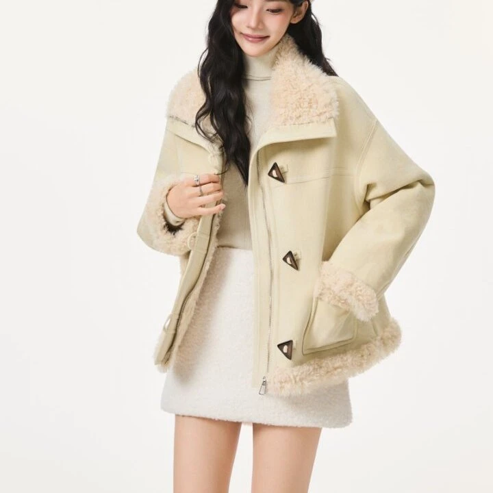 W023复古设计感皮毛一外套女2025冬季时尚保暖夹克棉衣小香风气质