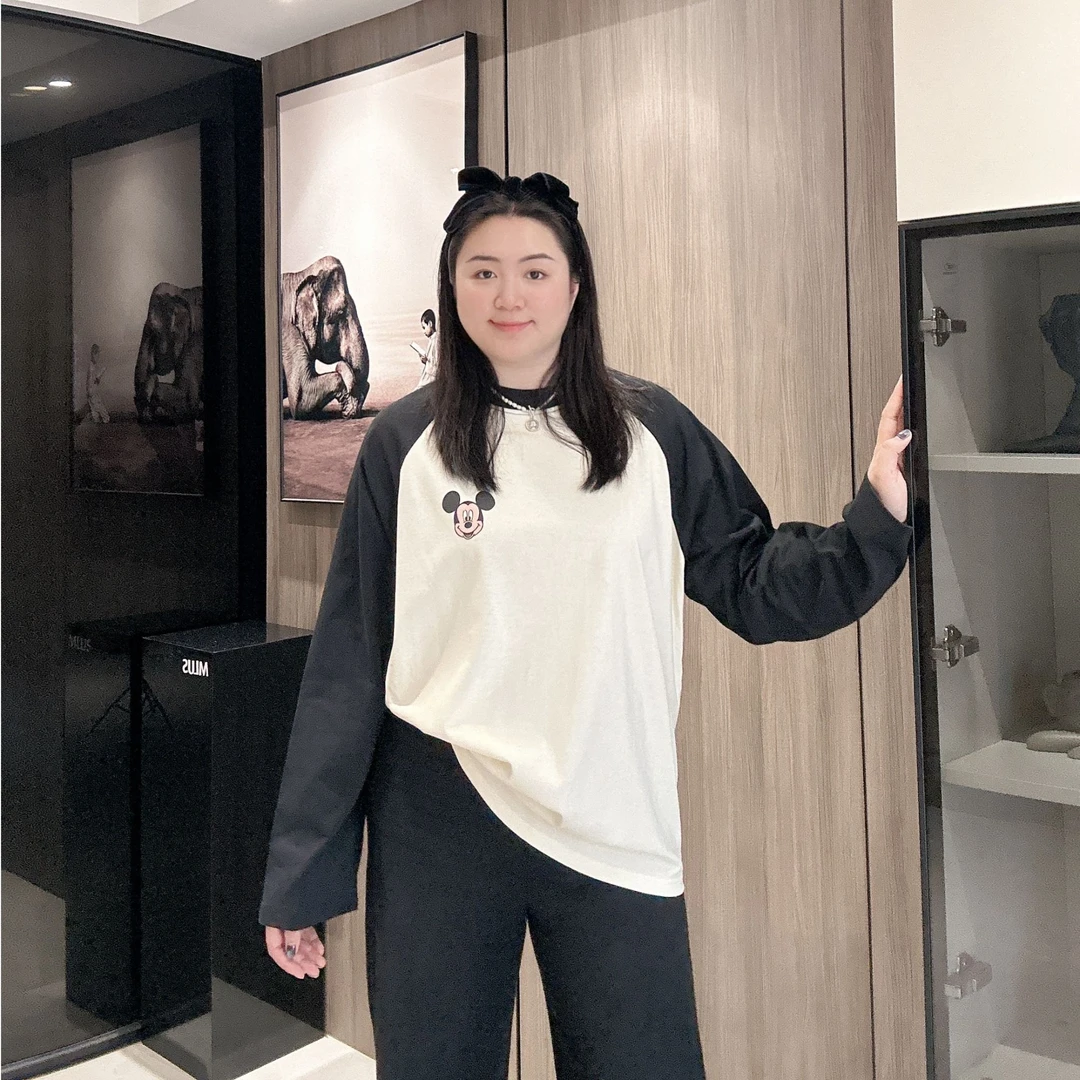 TAOJIA FAMILY【撞色米奇】长袖拼接设计显瘦百搭圆领大码t恤KL0001