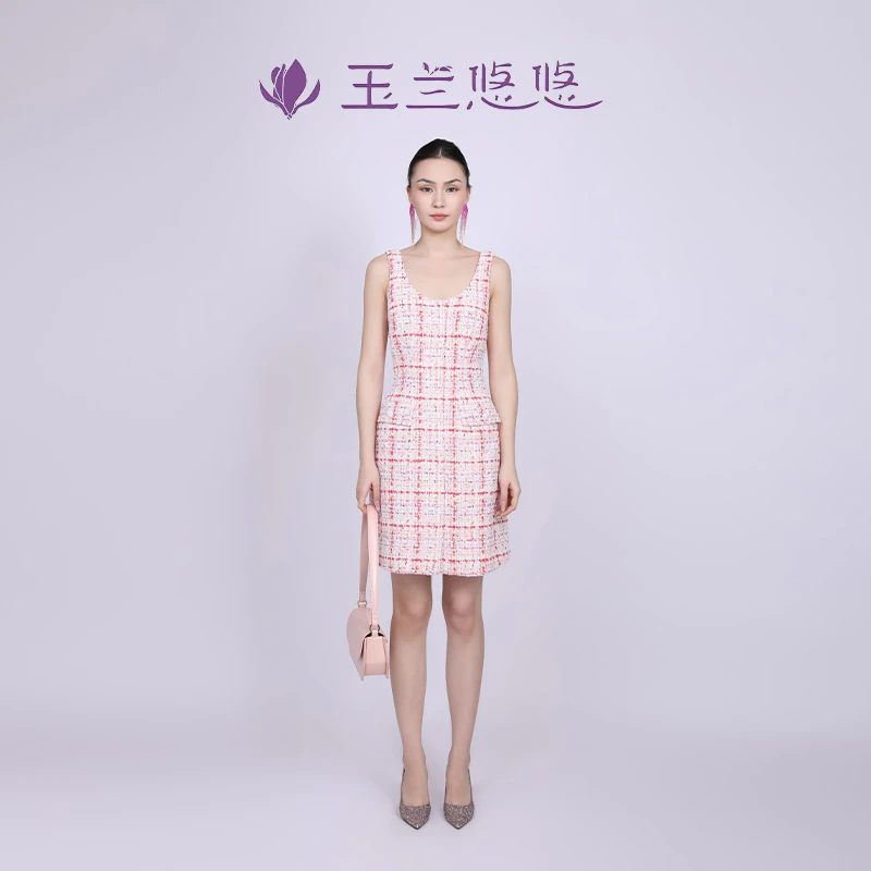 玉兰悠悠2025新款夏"甜心假日"粗花呢连衣裙U型领口无袖吊带裙女