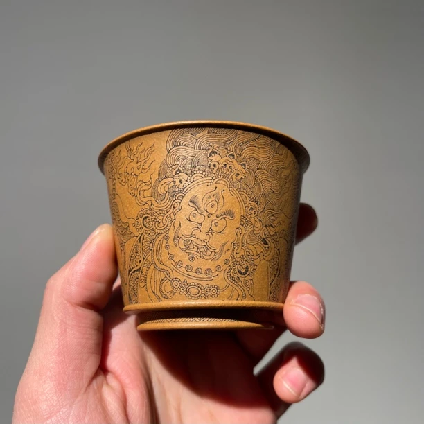 宜兴原矿全手工紫砂主人杯 大黑天刻绘 财神刻绘 陈鑫刻绘