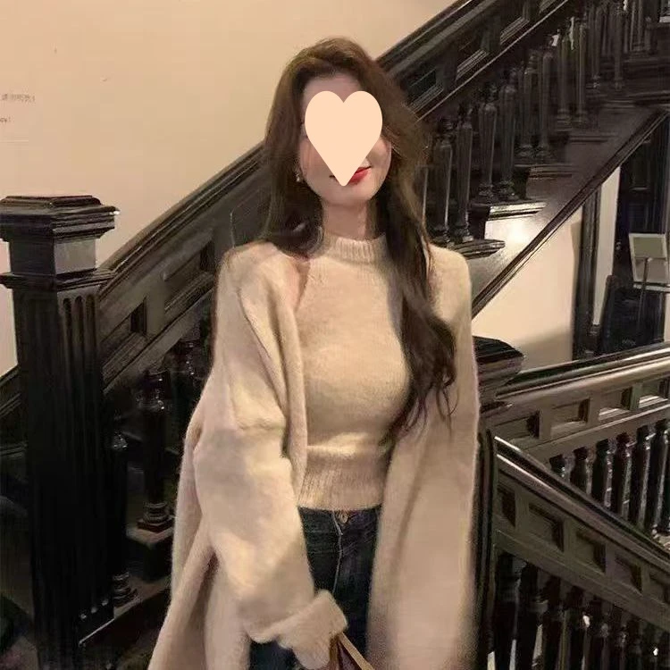 薄款慵懒mm300红色套装秋冬毛衣开衫针织吊带外套背心两件套杏色