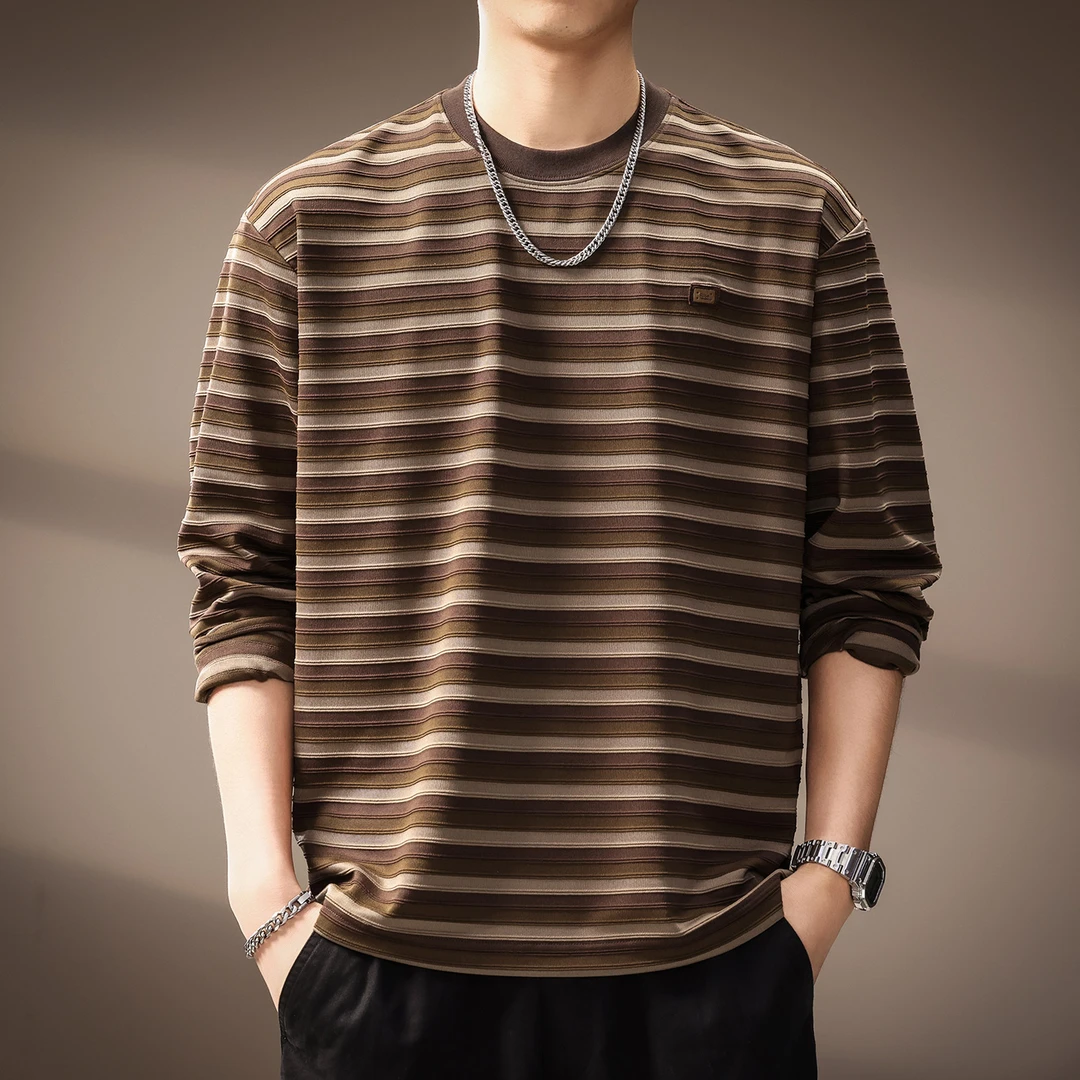 高端日系复古拼接条纹圆领长袖T恤男秋季新款潮流宽松打底海魂衫