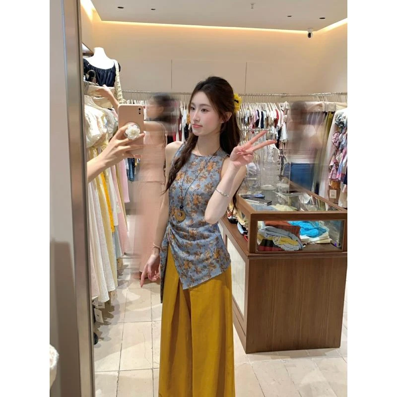 2025夏季新款女时尚显瘦新中式国风印花无袖上衣休闲高腰阔腿长裤