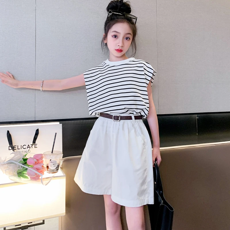 2025女童条纹套装夏季新款中大童夏款短袖短裤俩件套休闲时尚