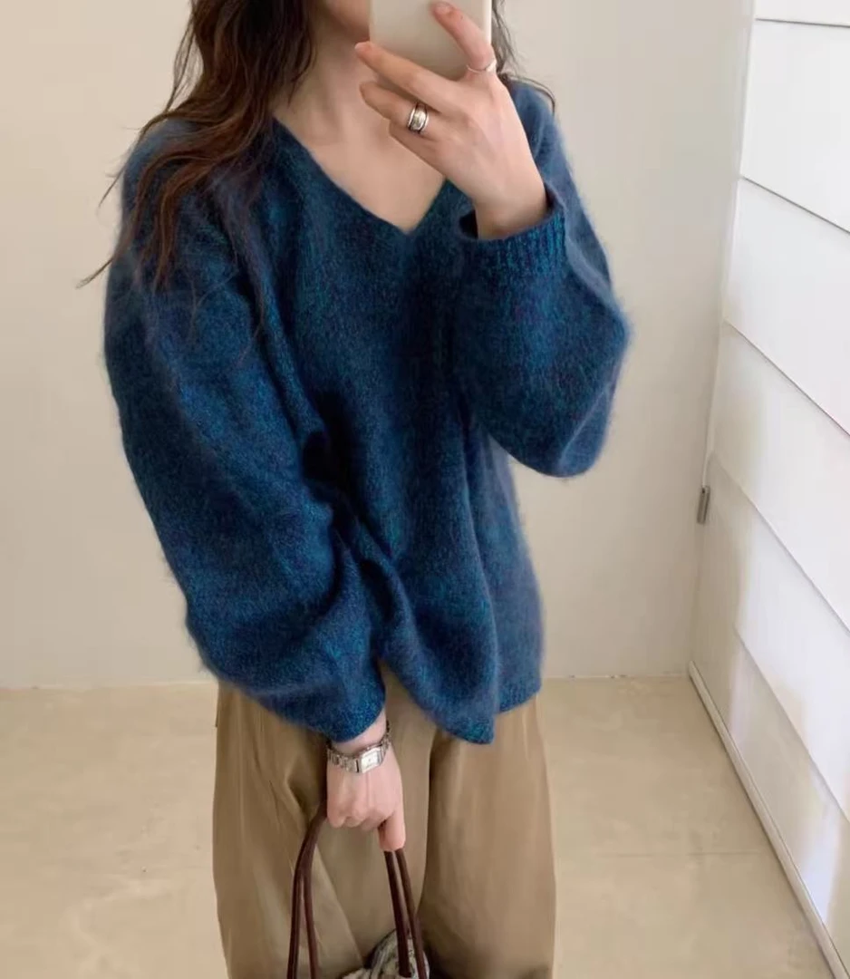 【蓝眼泪】V领羊绒羊毛拉绒针织羊毛衫时尚慵懒风羊毛衫