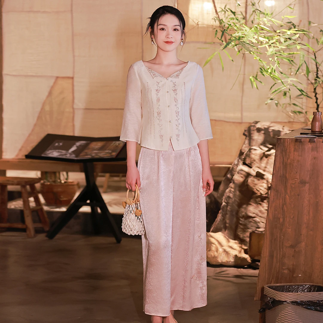 烟花烫新中式国风套装女 2025年早春新款刺绣衬衫阔腿裤 北庭庭北
