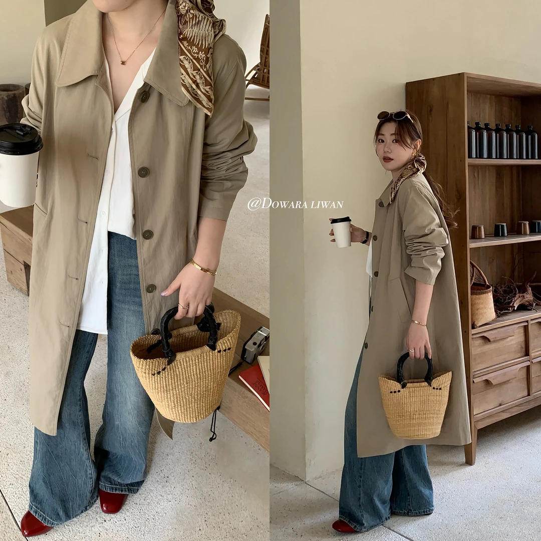 现货大婉酱微胖定制中长款风衣外套女春季休闲宽松简约上衣 7632D