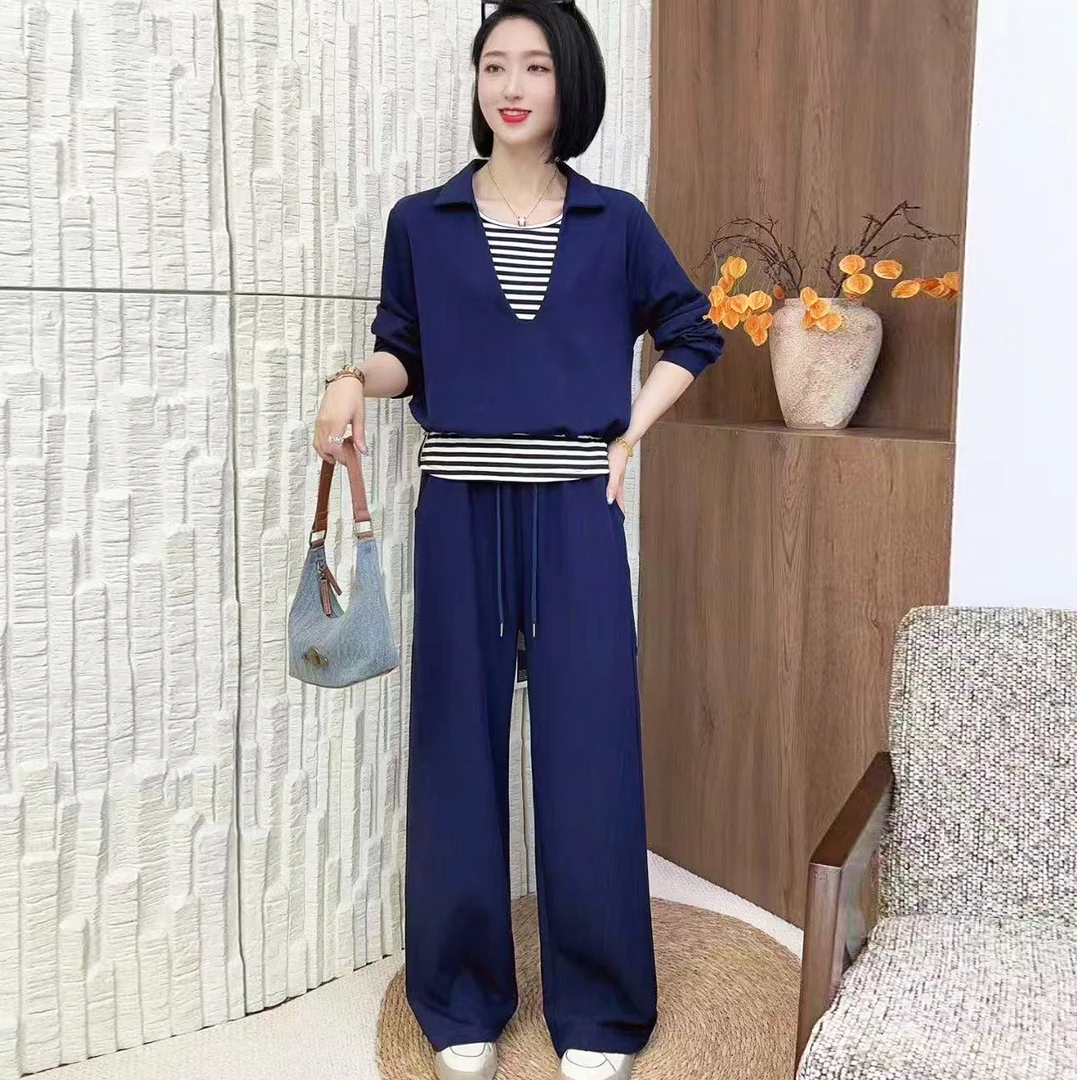 休闲运动拼接卫衣套装女2025秋季新款搭配一整套阔腿裤超火三件套