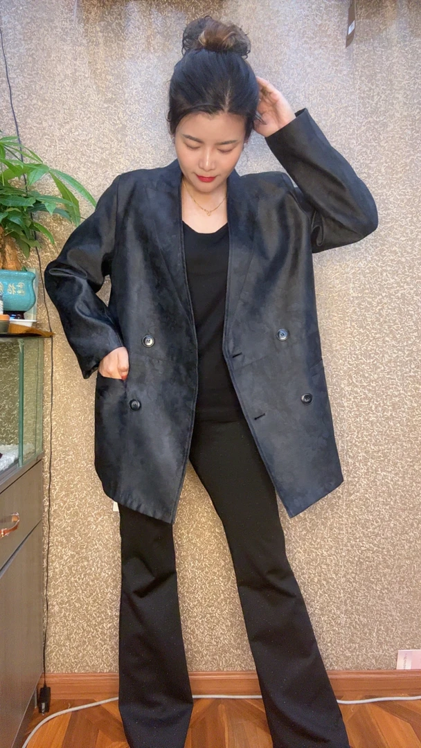 百搭一粒扣常规款提花小西装V领西服气质西装插肩袖