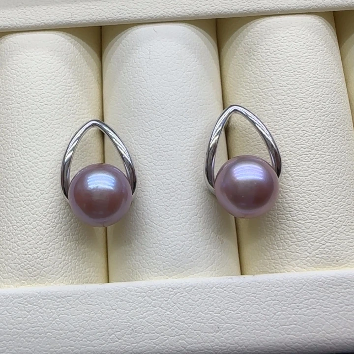 未镶嵌摆件淡水珍珠纯银紫珠耳钉8.9mm