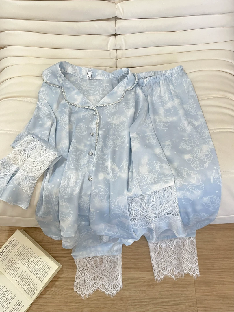 蕾丝花边冰丝睡衣2025新款甜美高级感女春秋新款长袖长裤家居套装