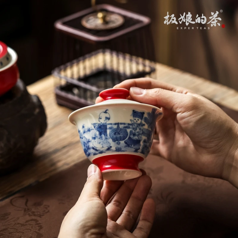 板娘的茶 景德镇雨香斋手绘高温瓷宫墙红钱多多童子盖碗100ml