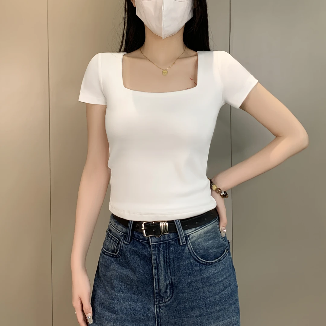 白色正肩方领短袖t恤女春夏修身露锁骨打底衫设计感内搭显瘦上衣