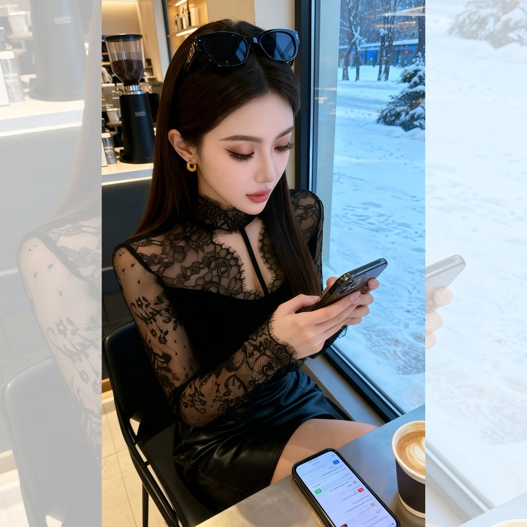 法式时尚性感镂空拼接蕾丝衫女2025冬季新款修身显瘦长袖t恤上衣