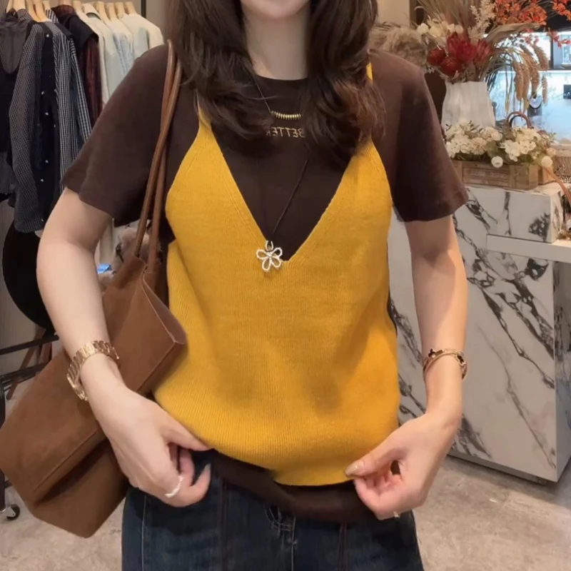 【油画少女】秋季洋气炸街女装时尚假两件短袖圆领T恤LK2506153