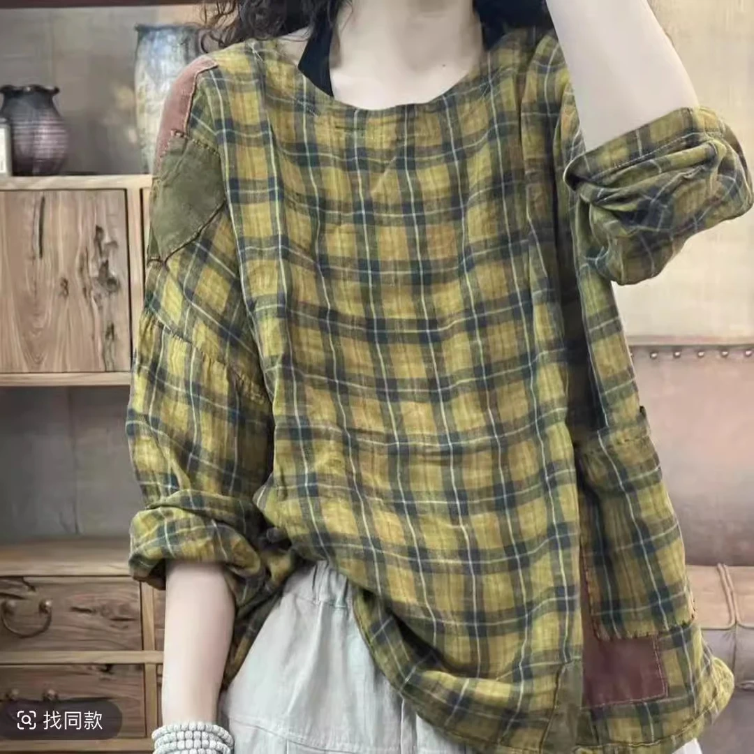 YM 67229 春季新品圆领套头格子亚麻女士上衣 胸围134长63