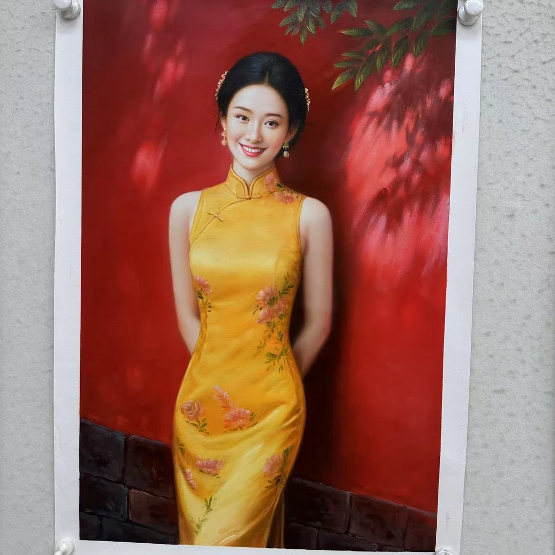 林彦新-***都市丽人-黄旗袍 -约60*90厘米-手绘油画-麻布