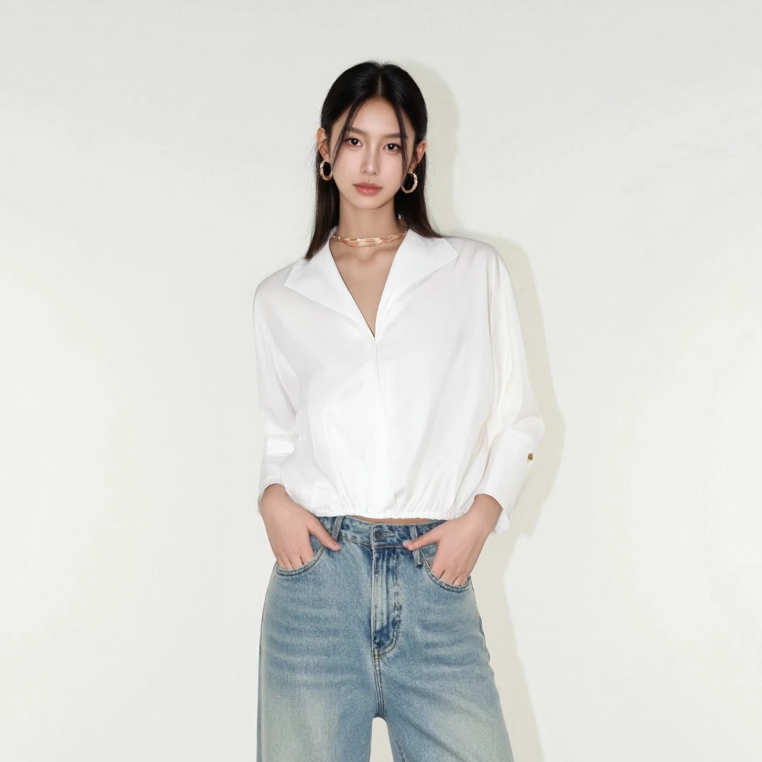 爆款法式通勤长袖衬衫女士夏季假两件叠穿蓝色休闲衬衣HBZC622208