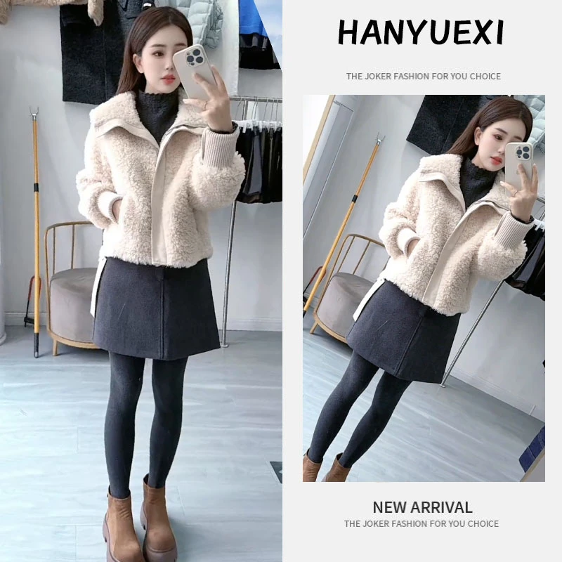冬季搭配一整套女装2025新款百搭上衣翻领羊羔毛外套短裙三件套潮