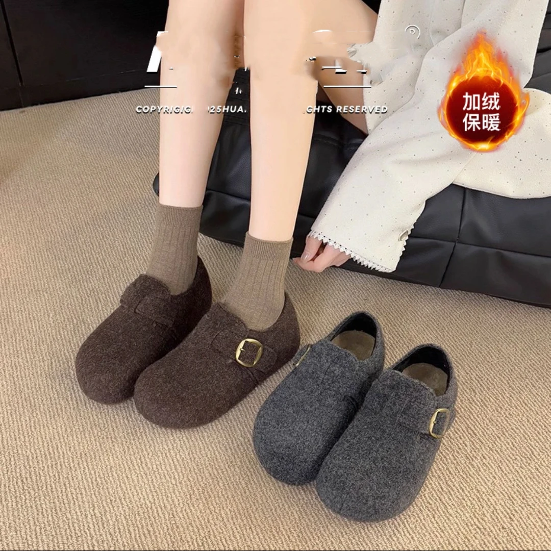 M63 复古韩版毛呢脖肯鞋2025冬季加绒厚底休闲百搭懒人棉鞋豆豆鞋