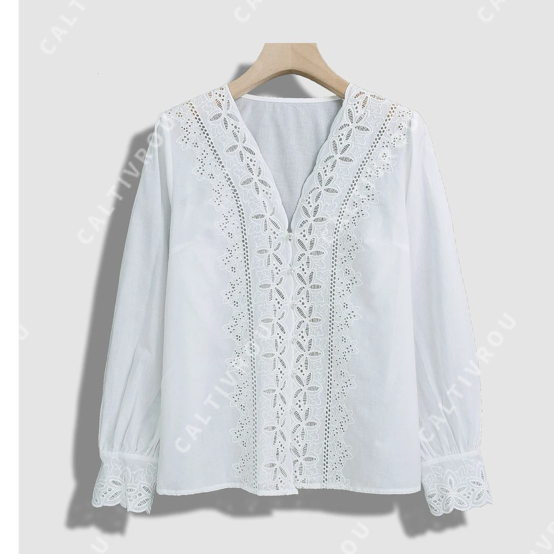 JIUJIU春水碧桃~时尚百搭蕾丝V领衬衫-Y14576