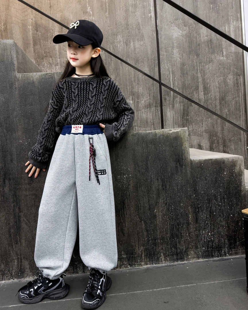 【丫丫童品】女童休闲直筒腰头拼接加绒卫裤G350