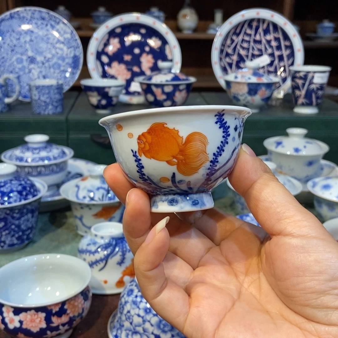 w隐艺矾红金鱼小高足杯