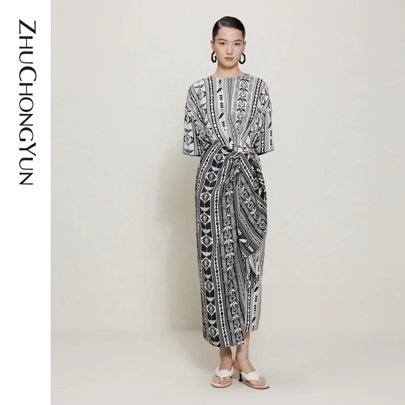 【艾钱钱精选】ZHUCHONGYUN花稿小众提花立体收腰连衣裙C1CX32796