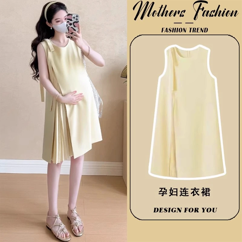 孕妇连衣裙夏2025新款黄色甜美蝴蝶结减龄拼接压褶薄款无袖中长款