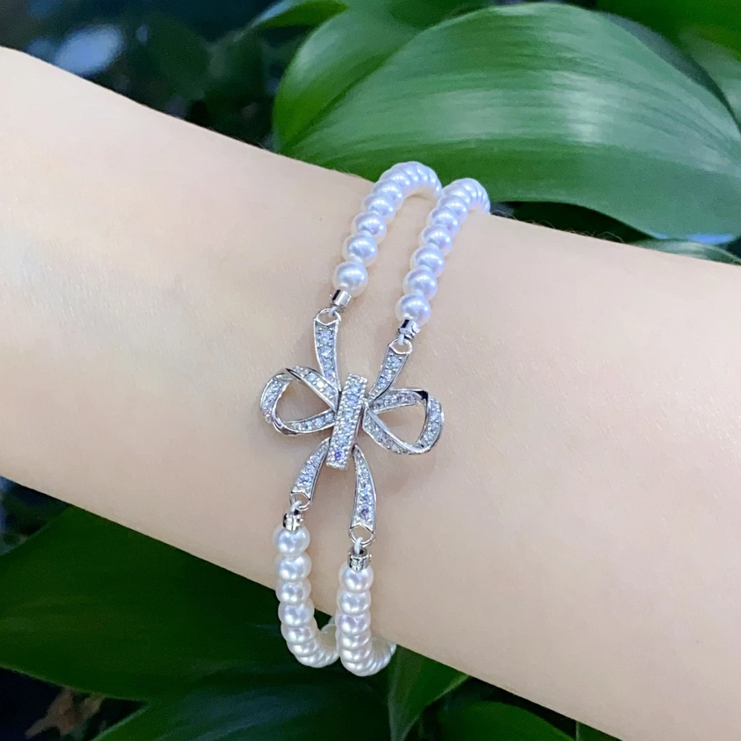 【凡凡补贴】S925银淡水珍珠白珠baby珠双排蝴蝶结手链