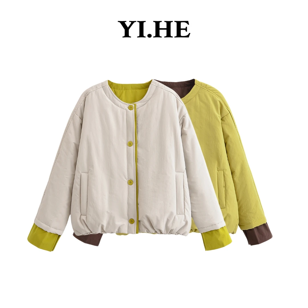 YIHE/2025 新款撞色长袖圆领棉服纯色女拼接宽松棉衣短款外套时尚