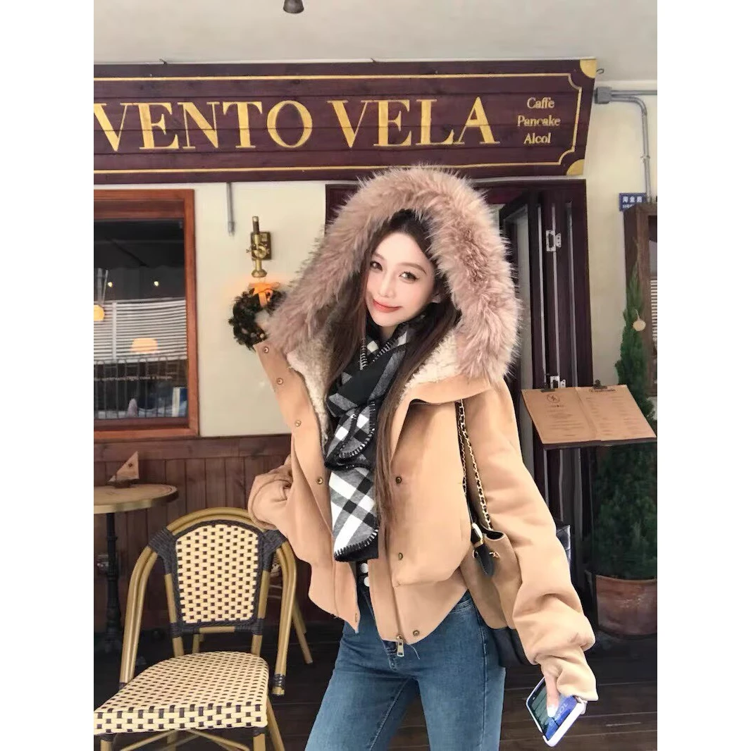 【爆火】美拉德大毛领连帽长袖短外套女装冬季别致加厚保暖夹克上衣