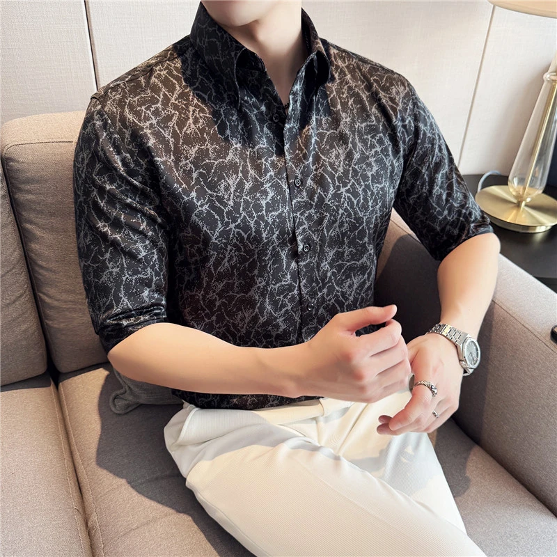 春夏新款网红中袖花衬衫男高级感时尚暗黑衬衣小众打底衬衫夜店