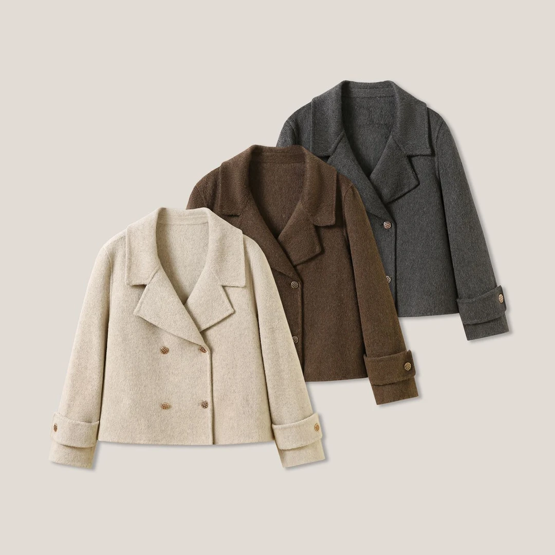 新款翻领双排扣短款双面呢羊毛大衣ss26441