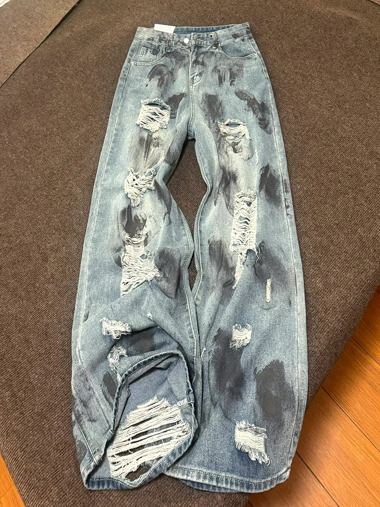 美式做旧脏脏破洞乞丐牛仔裤女夏季设计感高腰显瘦直筒阔腿长裤子