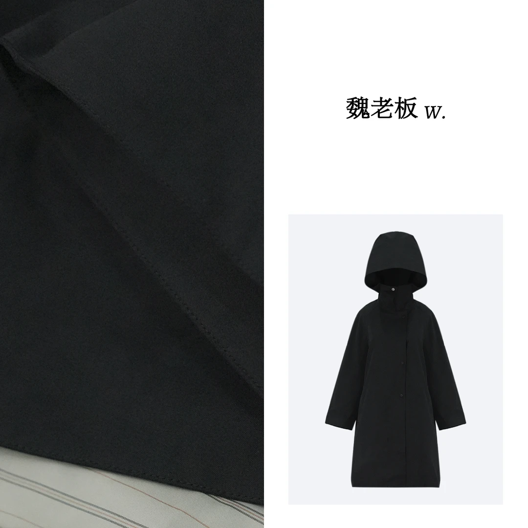 W.Diva【无拘束】黑色宽松翻领连帽中长款小众女装风衣1CDM01760