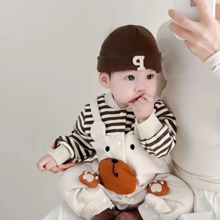 婴幼儿春秋长袖条纹假背带男宝洋气连体衣