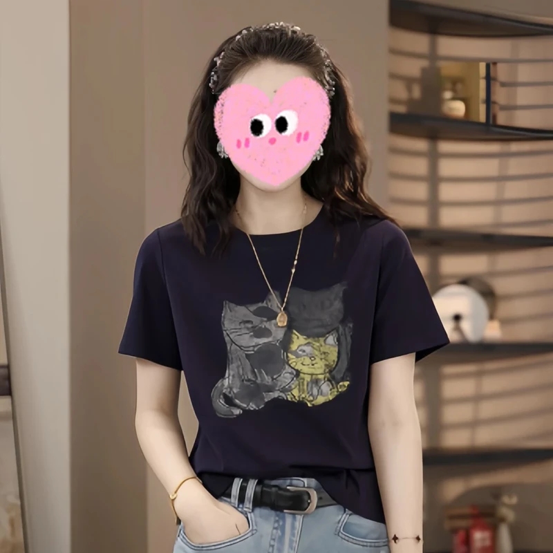 猫咪印花圆领正肩短袖T恤女2025夏季新款简约休闲显瘦上衣小衫潮