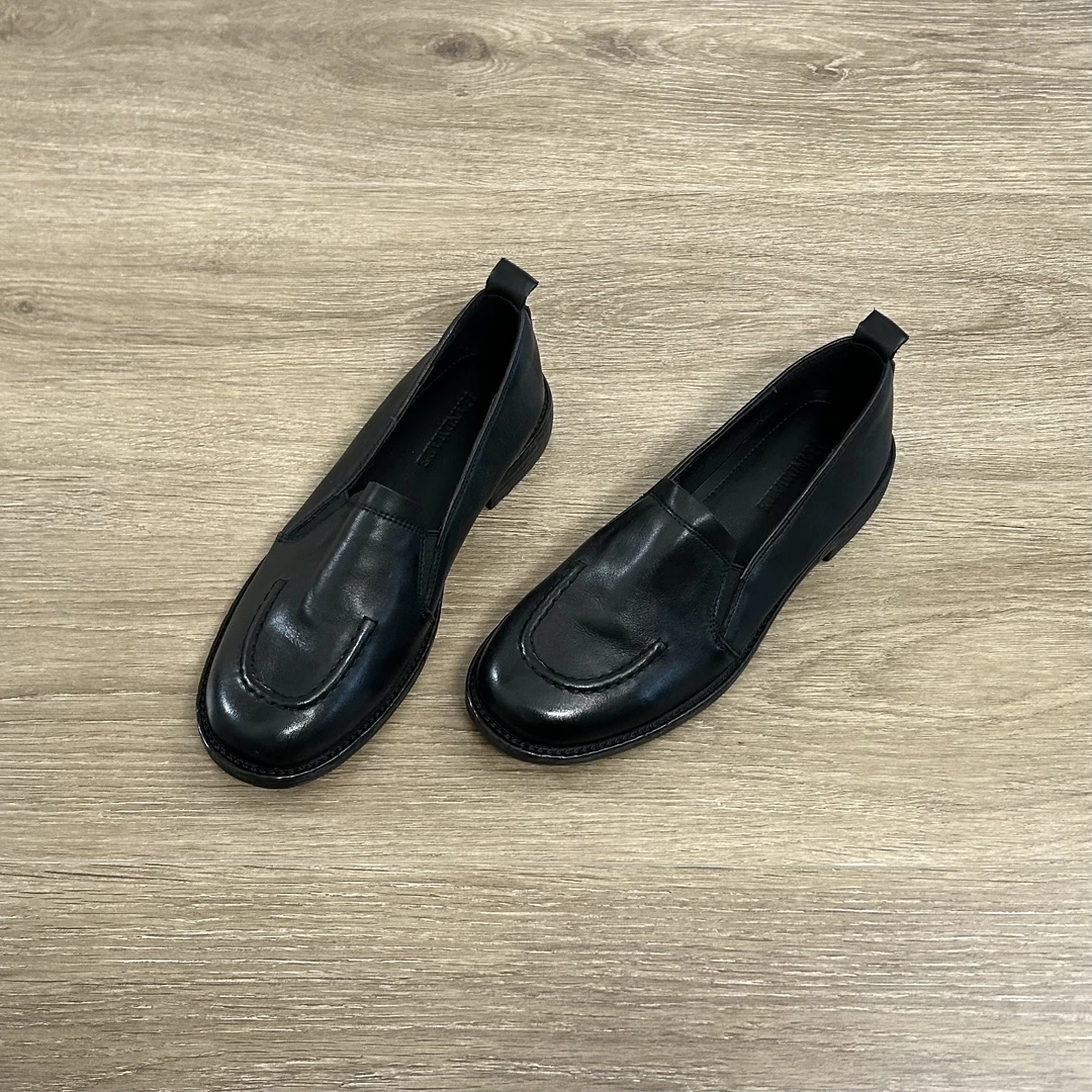 Dannyfrey极简中古风新款复古头层牛皮一脚蹬女圆头女乐福鞋2.5CM