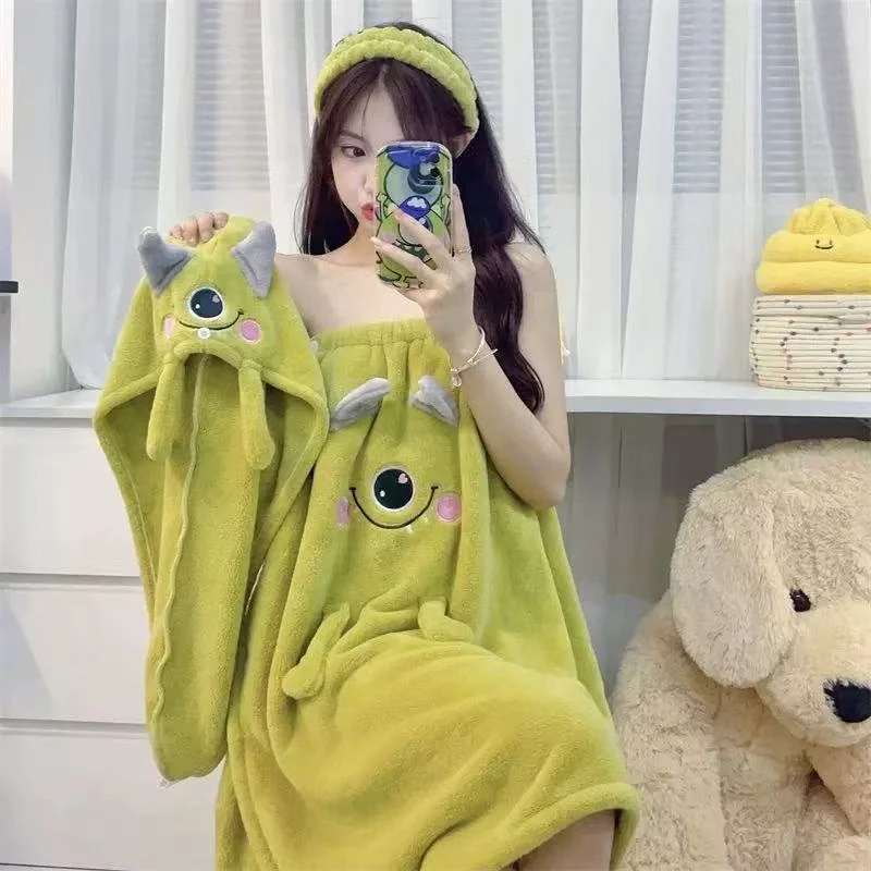 柔软亲肤卡通浴裙加厚浴巾可穿可裹浴袍珊瑚绒吸水速干干发帽浴裙