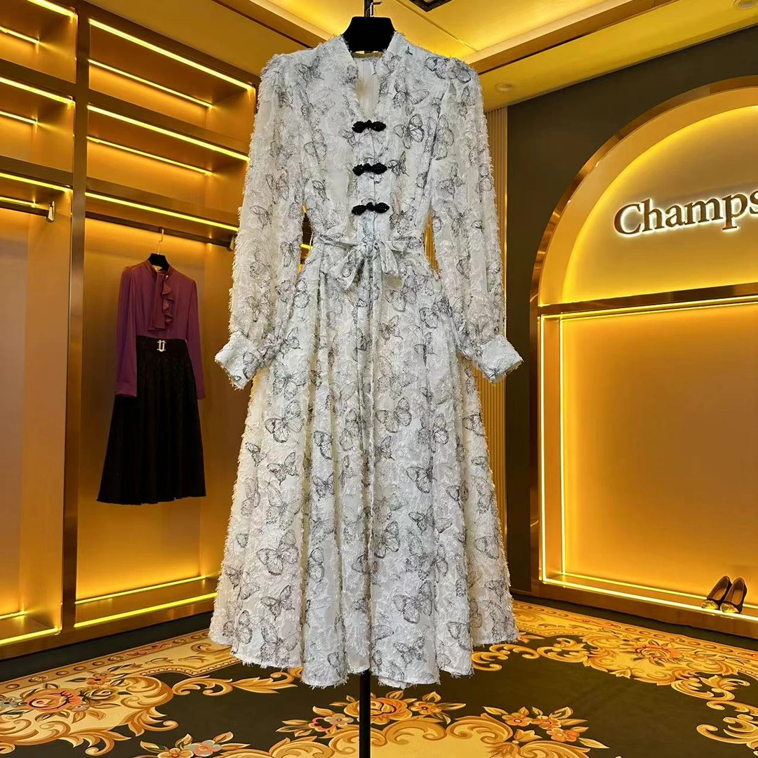 【花飞蝶舞】[晖晖]法式温柔蝴蝶印花绑带气质设计师连衣裙-83131