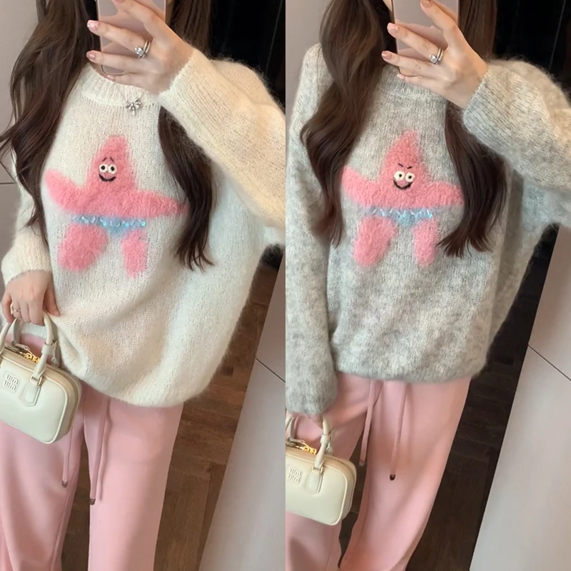 【mimius】&游鹿鹿派大星马海毛慵懒温柔圆领软糯针织毛衣WF09002