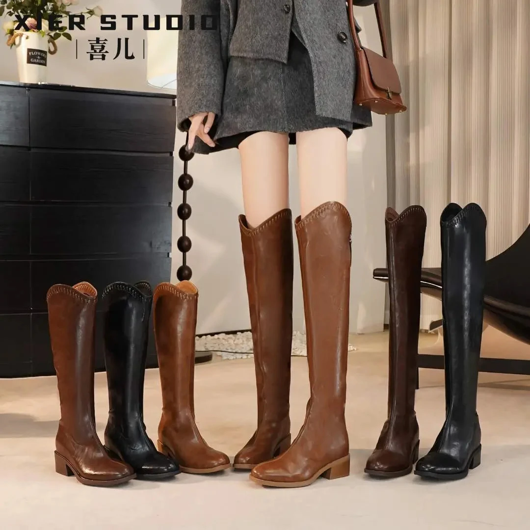 【喜儿】金秋季新款V口过膝靴时尚百搭 小粗跟弹力时尚ins女士靴