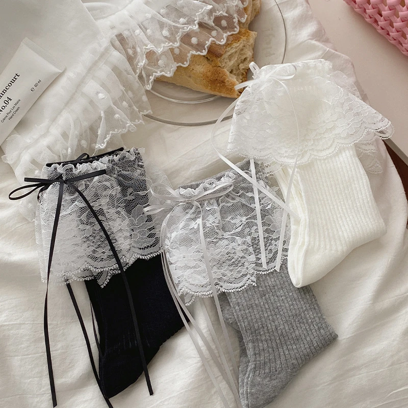 无骨蕾丝花边蝴蝶结女中筒棉春夏可爱女袜子女夏季薄款袜子芭蕾风