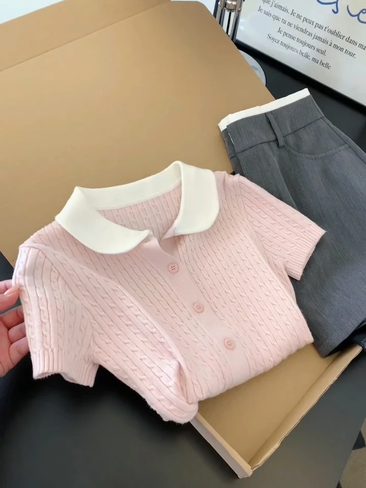 粉色修身短袖正肩针织衫上衣女小个子气质显瘦甜美polo娃娃领上衣