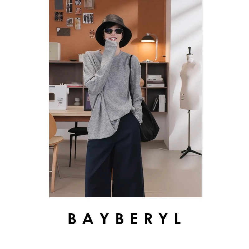 BAYBERYL老贝芝麻点*花纱灰时尚圆领长袖25秋针织衫NT5G0322-8/7